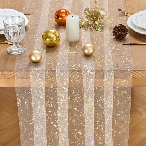 Fanami Beige Gold Glitter Tulle Table Runner 10ft x 28in (2pc) for Wedding & Party