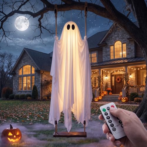 Outdoor Halloween Ghost Swing with String Lights - 5 ft Spooky Yard Decor