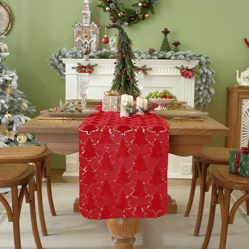 Christmas Tree Table Runner, 72 Inches Long Plush Gold Sequin Glitter Table Runners for Dining/Parties/Holiday Decorations (Red, 13" x 72", Table Runner)