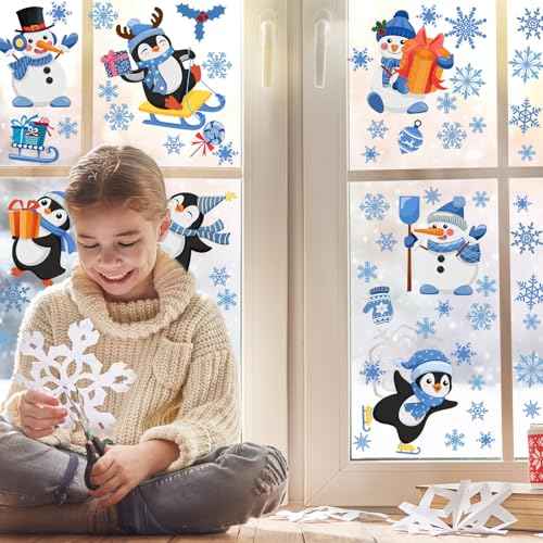 51 Pcs Hello Winter Wall Decals Stickers Let It Snow Penguin Window Clings Christmas Window Clings for Winter Holiday Living Room Nursery Bedroom Wall Decoration, 6 Sheets