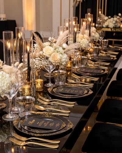 Black and Gold Disposable Dinnerware Set for 100 Guests - Baroque Style Plates and Utensils