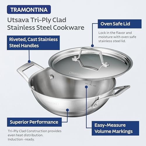Tramontina Utsava 1.8 Qt Tri-Ply Clad Stainless Steel Kadai with Lid, Uncoated