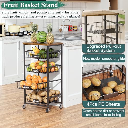 Kitchen Storage Cart with 4 Drawers & Wood Top - 5 Tier Mobile Organizer, Black