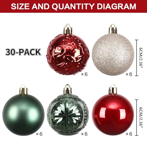 RoseCraft 30PCS Red Green Gold Christmas Ornaments Set for Xmas Tree Decorations