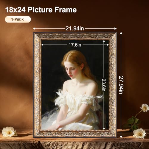 Vintage Gold Ornate Picture Frame 18x24 Wall Art Frame with Carved Detailing - Antique Finish, Shatter-Resistant Glazing, Includes Hardware - Variation: Vintage Gold / 18x24