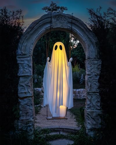 MERKYO 5-13FT Adjustable Hanging Ghost Halloween Decor with Lights for Outdoor Yard & Porch