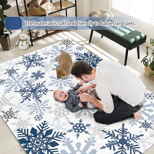 Livcoz Blue Snowflake Washable Area Rug 5x7 Ft - Winter Home Decor, Non-Slip