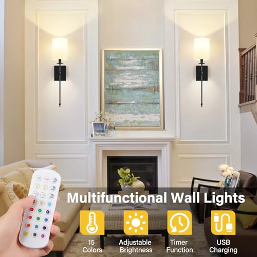 24.8 Inch Battery Operated Wall Sconces Set of 2 with Remote - Black & White