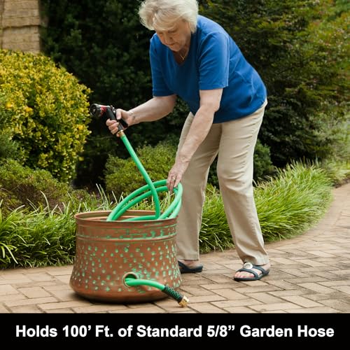Garden Hose Pot with Patina Finish - Hand-Hammered Steel, Holds 100ft Hose