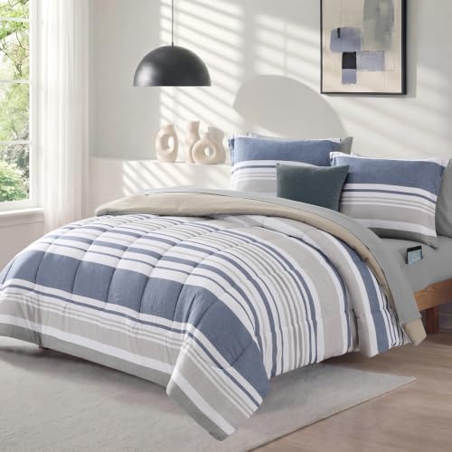 Ocean Blue Queen Comforter Set - 7 Pieces Striped Bedding in a Bag