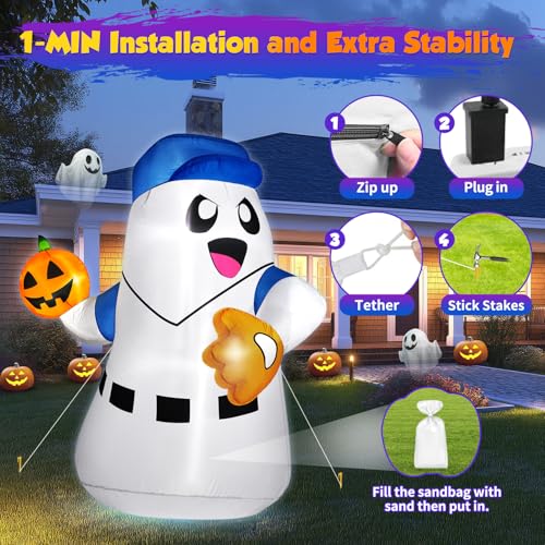 5FT Halloween Inflatable Ghost Pitcher with Pumpkin Baseball Outdoor Yard Decoration LED Lights