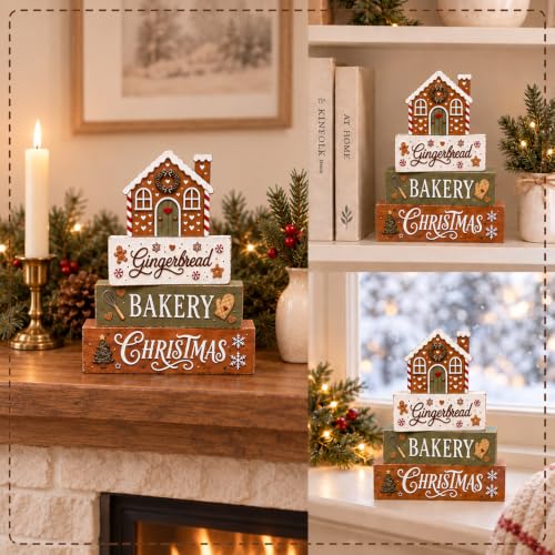 Gingerbread Tiered Tray Decor – Wooden Blocking Set for Festive Farmhouse Display