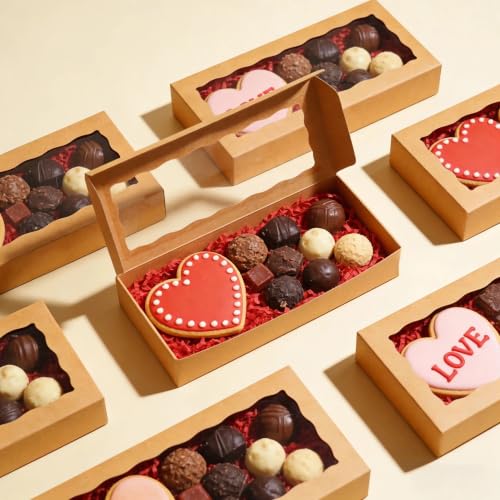 XINHPKGG 50 Pcs Brown Cookie Boxes 12x5x1.5 Inch Bakery with Window