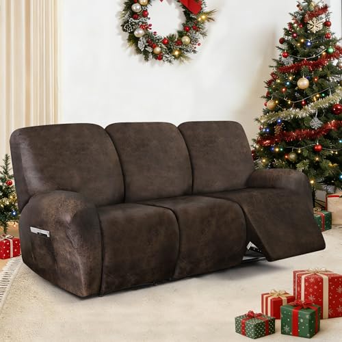 ANARACHON Brown 3-Seater Leather Look Recliner Couch Cover, 8-Piece Stretch Slipcover