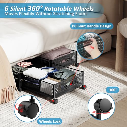 Nonkky 2-Pack Large Under Bed Storage Drawers with Wheels - Foldable Metal Containers for Shoes, Clothes, Toys, 47.2x15.7 Inches