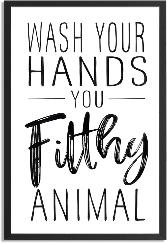 Skiennix Framed Black And White Bathroom Wall Art - Funny Wash Your Hands Poster | Modern Minimalist Decor
