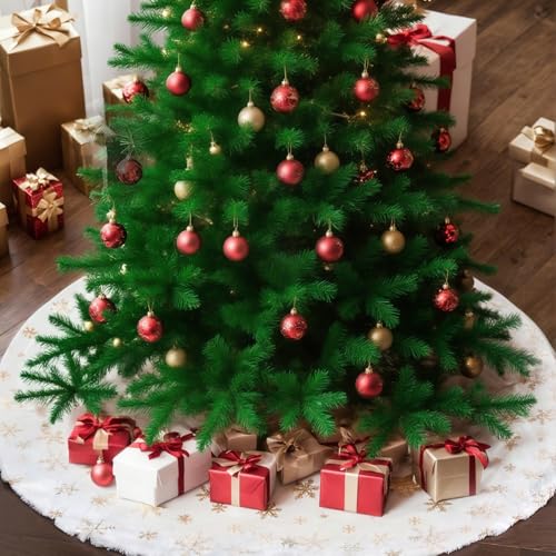 Rysnirs 48 Inch Faux Fur Christmas Tree Skirt with Gold Sequin Snowflakes