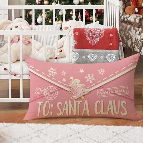 Fjfz 20x12 Inch Pink Christmas Lumbar Pillow Cover Santa Mail Decor