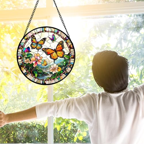 DASTOLL 12-Inch Golden Yellow Butterfly and Flowers Stained Glass Window Suncatcher