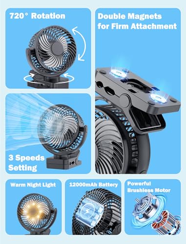 Magnetic Cruise Ship Clip Fan 12000mAh Battery Operated with LED Lantern & Timer - 1-Pack