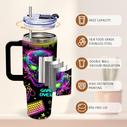 Neon Skull Gaming Tumbler 40oz Insulated Gamer Gift for Men & Teens
