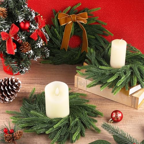 Aneco Brown 12-Pack Christmas Candle Ring Wreaths 6 inch Artificial Norfolk Green Pine Decorative Garland for Xmas Wedding Home Decor