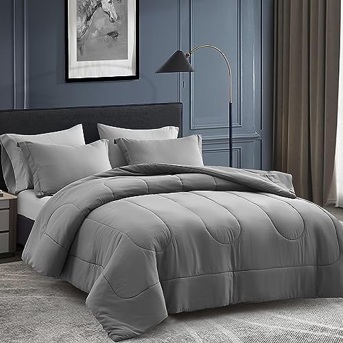 Grey Full Size Comforter Set 7 Pieces Bed in a Bag - All Season Bedding
