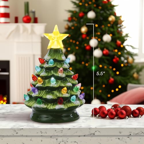 Kurt Adler Green Battery-Operated Ceramic Christmas Tree with Glitter & Sequins - 5.5 Inch Tabletop Decor