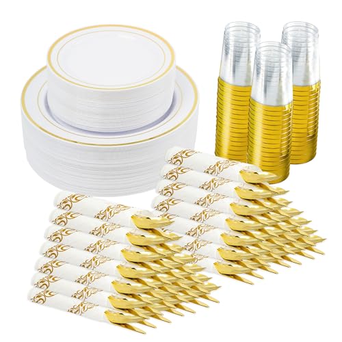 Gold Disposable Plates Set for 50 Guests - 350 Pieces Dinnerware & Cutlery