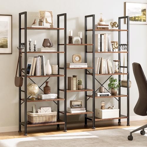 Furologee 5-Tier Rustic Brown Bookshelf with 14 Display Shelves - Triple 3-Column Design
