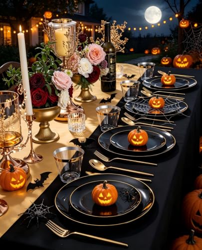 Black and Gold Disposable Plate Set for 25 Guests - Party Cutlery & Cups