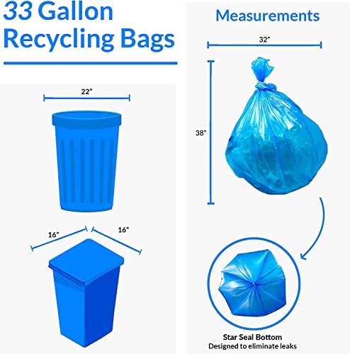 33 Gallon Recycling Trash Bags - Blue, 120 Count, Made in USA