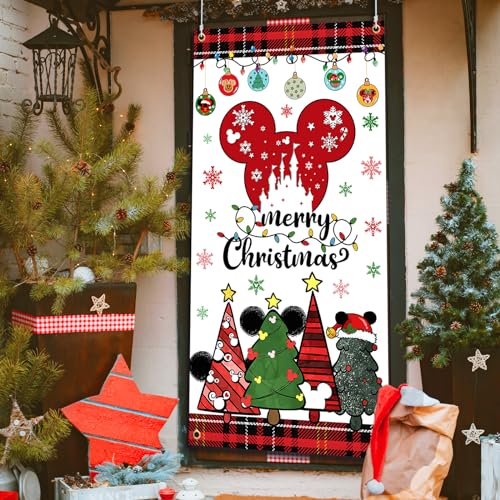 Mouse Christmas Door Cover Decoration,Merry Christmas Door Hanging Backdrop for 2023 Cartoon Mouse Theme Xmas Winter Holiday Supplies