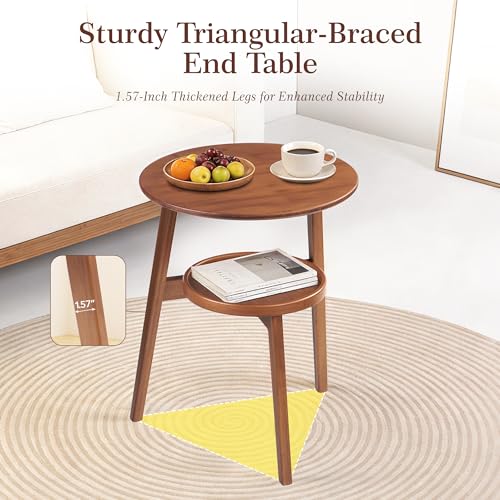 VELOHEIM Brown 2-Tier Round Bamboo Mid-Century End Table - Rustic Modern Side Table