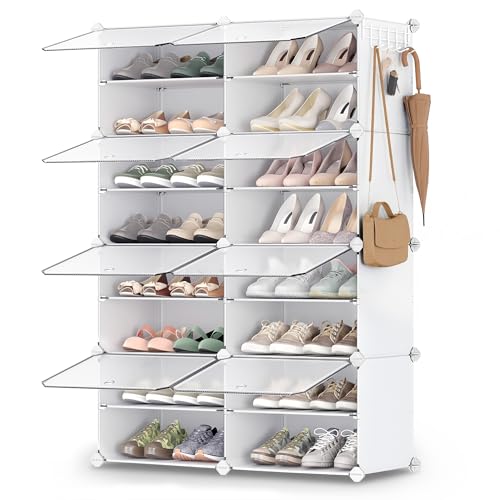 SONGMICS 8-Tier Shoe Rack with Doors - 32-Pair Storage, Cloud White & Transparent Variation