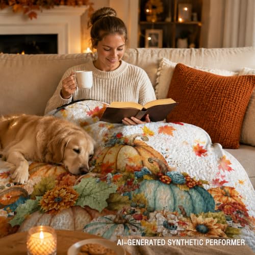BlessLiving King Quilt with Colorful Pumpkins - Halloween Fall Blue Bedding - Variation: Pumpkin Flower