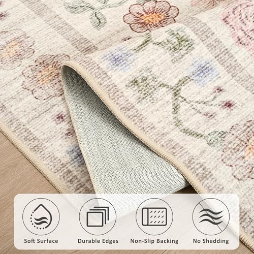 Floral Pink 8x10 Area Rug for Living Room & Bedroom Non-Slip Carpet with Rubber Backing