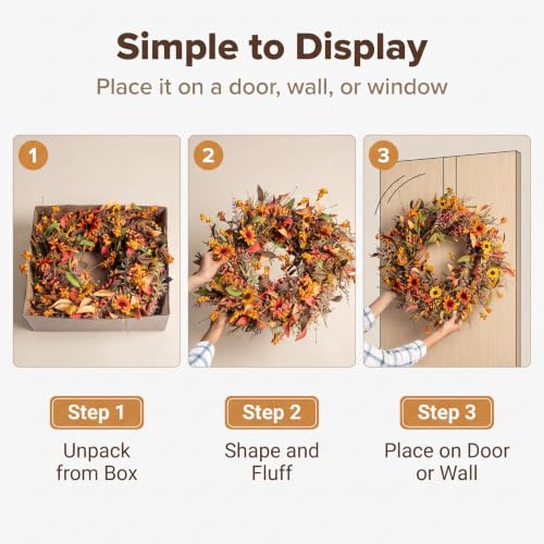 24 Inch Fall Wreath with Sunflowers Berries & Leaves - Autumn Harvest Door Decor
