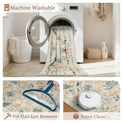 Beige 8x10 Boho Floral Washable Area Rug for Living Room & Bedroom