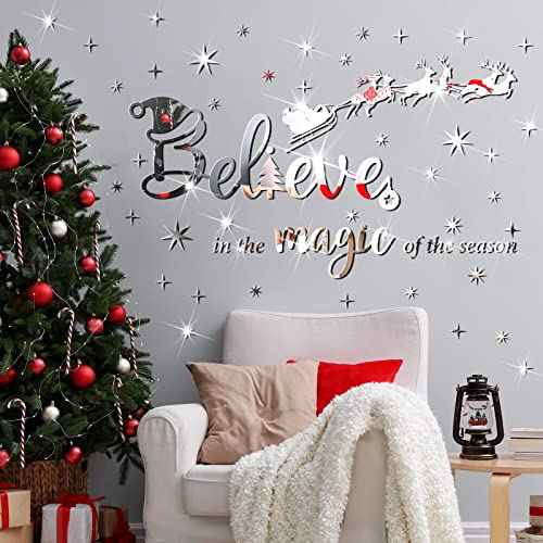 Christmas Acrylic Wall Decals Believe Quote Stickers 3D DIY Mirror Stickers Christmas Christ Wall Decor Acrylic Reindeer Snowflakes Window Clings Decal for Home Window(Silver)