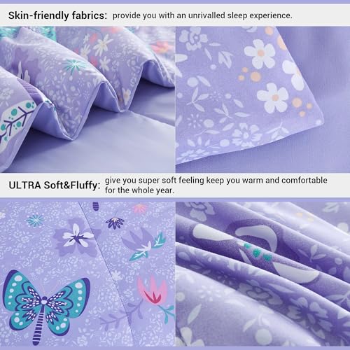 Kids Twin Comforter Set Butterfly Purple Bedding for Girls - 6 Pieces