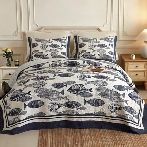 Navy Fish Cotton Quilt Set with Shams - King, Coastal Nautical Bedding