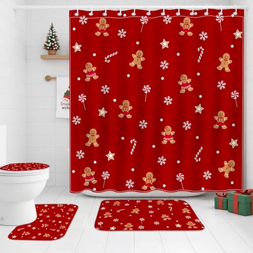 Mocsicka Red Christmas Shower Curtain Set 72x72 Inches with Rugs & Hooks