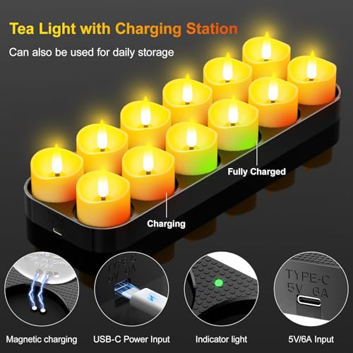 YiaMia Rechargeable Magnetic Tea Lights 12 Pack with Remote & Fast Charging