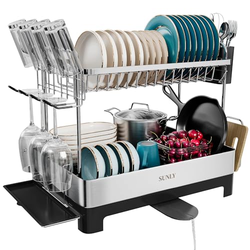 Black 2-Tier Stainless Steel Dish Drying Rack - Large Capacity Kitchen Organizer