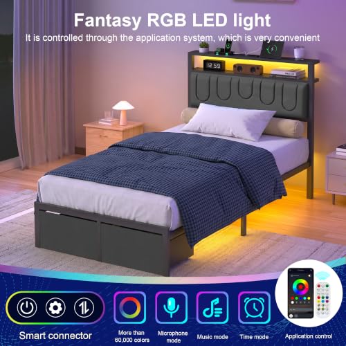 Twin Bed Frame with Drawers & LED Lights - Upholstered Headboard, Charging Station, Easy Assembly (Fashion Variation)
