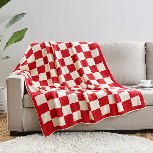 CozeCube Reversible Checkered Knit Throw Blanket 50x60in Christmas Red