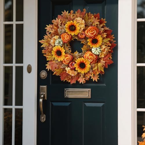28-Inch Artificial Maple Leaves Fall Wreath for Front Door - Autumn Decor