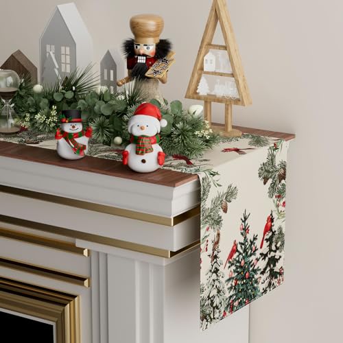 XCHI Cardinal Birds Winter Pine Tree Table Runner 13x48 Inch – Holiday Decor, 100% Polyester