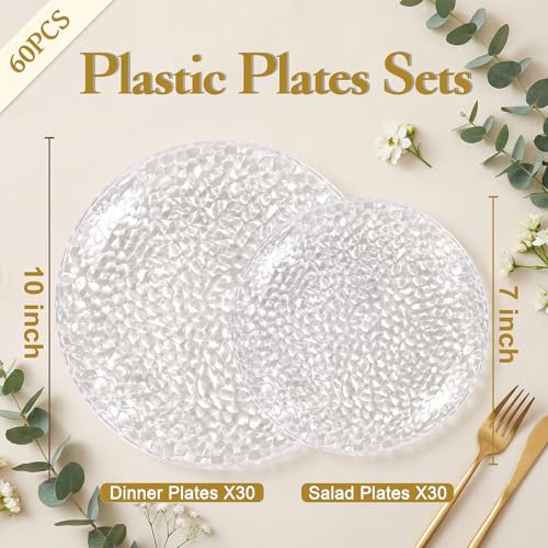 Clear Disposable Plastic Plates Set - Hammered Heavy Duty Dinner & Salad Plates, 60 Pieces - Bridal & Party Use